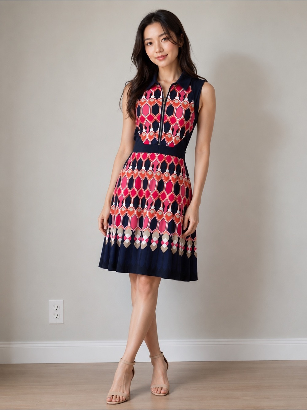 Laundry by Design Los Angeles Geometric Print Sleeveless Zip Front Dress 6